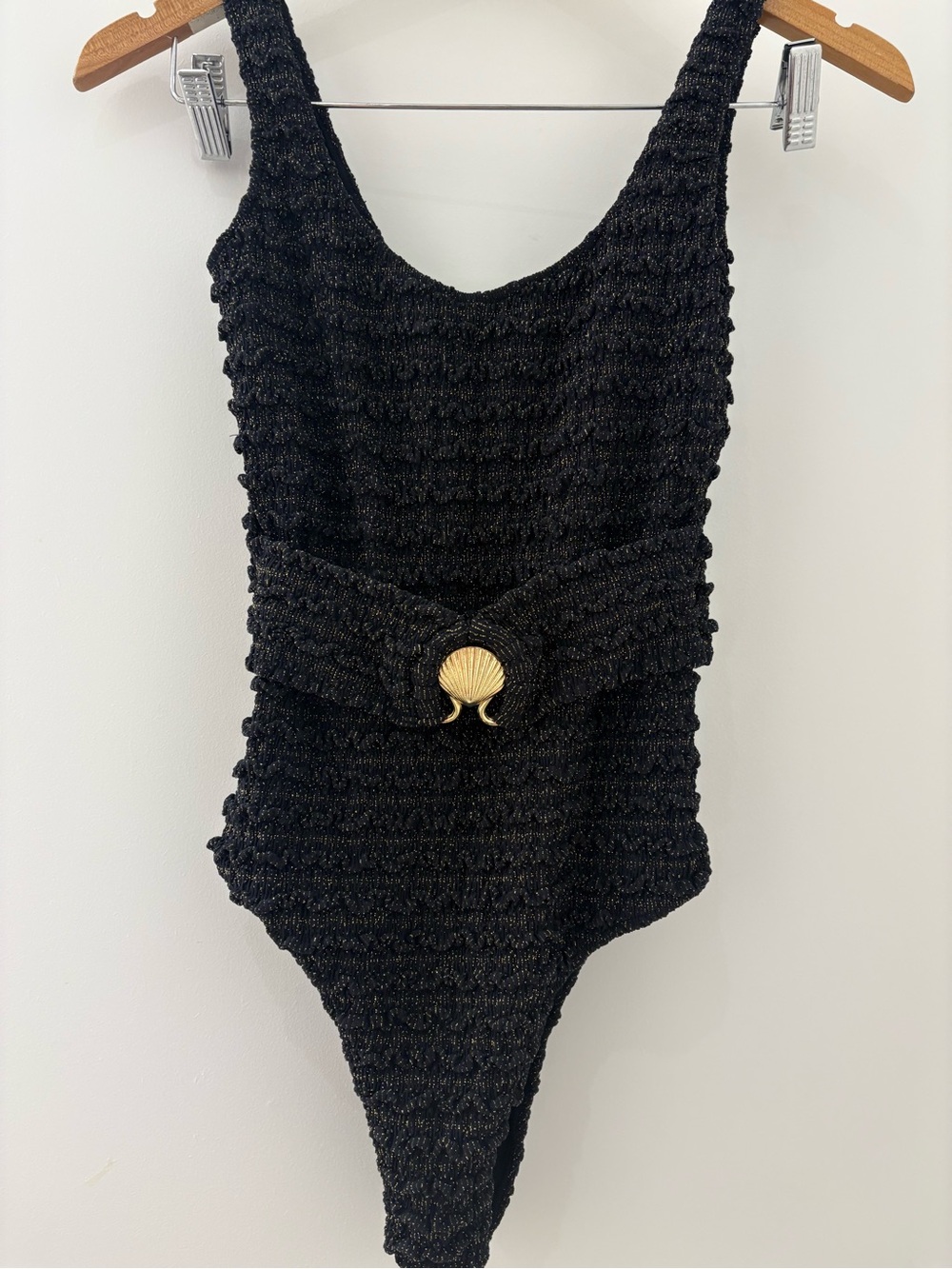 PatBO Black Textured One-Piece with Gold Shell Detail